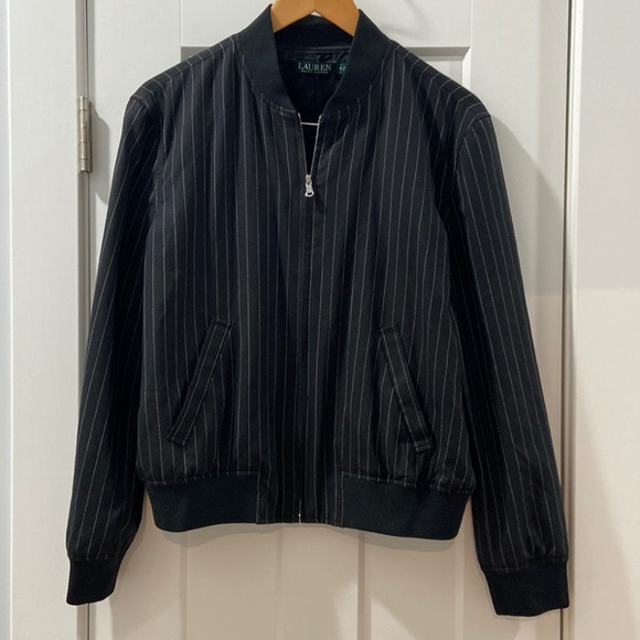 Lauren Ralph Lauren black with white pinstripes bomber EUC women's 14 🔥 wool - Picture 1 of 9